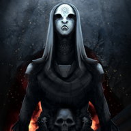 Un portrait symétrique, créé dans le logiciel Krita, représentant une noble assassin portant un masque de porcelaine.
